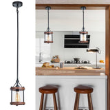 Ejerlya Farmhouse Pendant Light, Rustic Walnut Wood Metal Cage Hanging Light Fixtures with Glass, Adjustable for Flat and Slop Ceiling, Pendant Lighting for Kitchen Island Foyer Hallway,2-Pack Ejerlya
