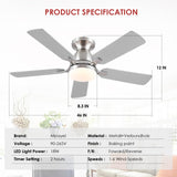 Mpayel Ceiling Fans With Lights and Remote/APP Control,46" Flush Mount Ceiling Fan Dimmable DC Motor，Low Profile Ceiling Fan for Bedroom,Living Room,Brushed Nickel Mpayel