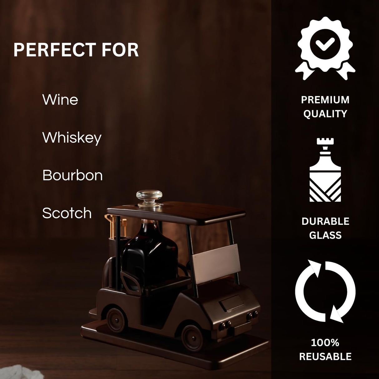 Golf Decanter Whiskey Decanter - The Wine Savant - Brown Mahogany Wood Golf Gifts for Both Men & Women, Golf Accessories, Golfer Gifts, Based on A Replica Golf Cart (600ml Decanter) The Wine Savant
