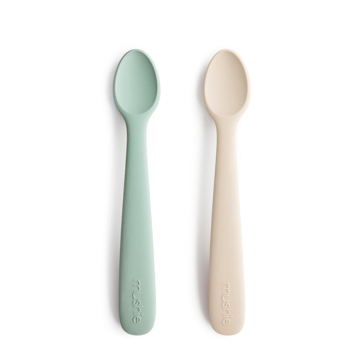 mushie Silicone Baby Feeding Spoons | 2 Pack (Cambridge Blue/Shifting Sand) mushie