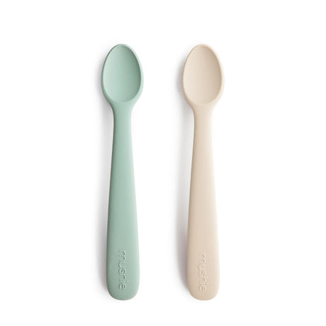 mushie Silicone Baby Feeding Spoons | 2 Pack (Cambridge Blue/Shifting Sand) mushie