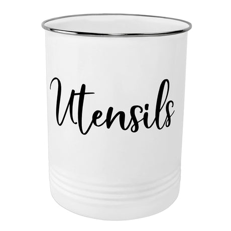 Home Acre Designs Vintage Farmhouse Utensil Holder - Stylish Countertop Organizer and Kitchen Decor Caddy - Stainless Steel Rim - White Home Acre Designs