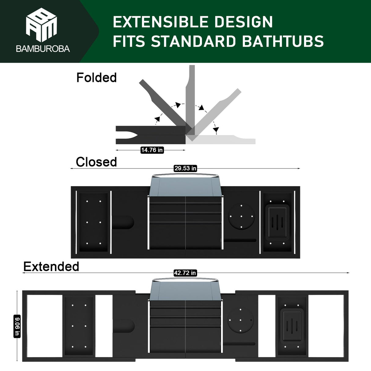 Bamboo Bathtub Caddy Tray Expandable for Luxury Bath, Bath Accessories & Table with Wine Glass Holder, Book Stand Bathroom Organizer with Extending Sides for Men/Women,Black BAMBUROBA