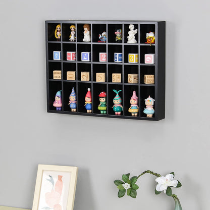 ARRAWIS Black Shot Glass Display Case 18" x13" Solid Wood Wall Mounted Collection Cabinet 28 Slots Small Curio Cabinet Rack (No Door) - WoodArtSupply