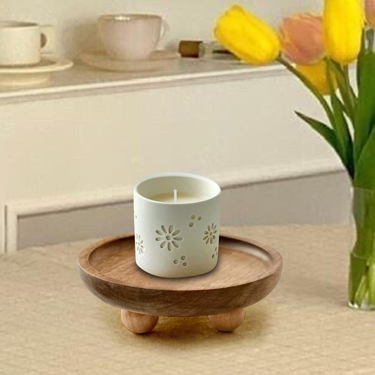 Vaveren Small Wooden Riser Wooden Pedestal for Display Tray Display Riser for Entry Table Farmhouse Kitchen Tabletop Centerpieces , Round 12.9x4cm Vaveren