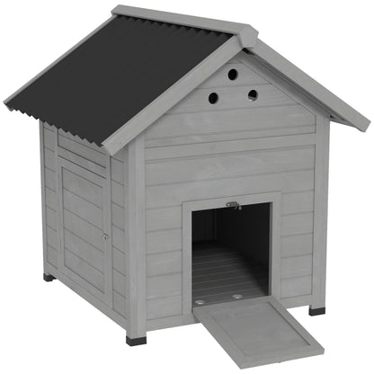 PawHut Duck Coop, Wooden Duck House, Outdoor Small Animal House with Openable Roof, Double Doors, Removable Base for 1-3 Ducks, Light Gray