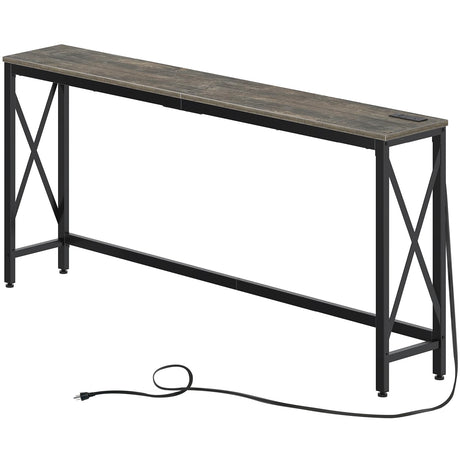 Rolanstar Console Table with Power Outlet, Narrow Sofa Table, 70.8" x 11.8" Farmhouse Table Behind Sofa Couch Hallway Entrance for Living Room, Entryway, Foyer, with Metal Frame,Grey Rolanstar