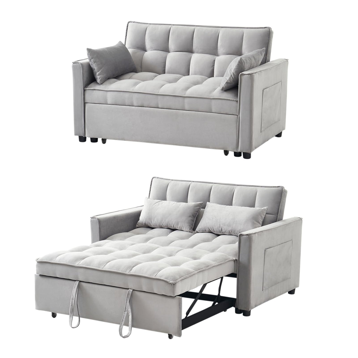 FENFSHE Futon Sofa Bed, Modern Velvet 3 in 1 Sleeper Sofa Couch Bed, Pullout Couch Bed with Adjustable Backrest, Storage Pockets and Toss Pillows for Living Room, Bedroom (Grey) FENFSHE