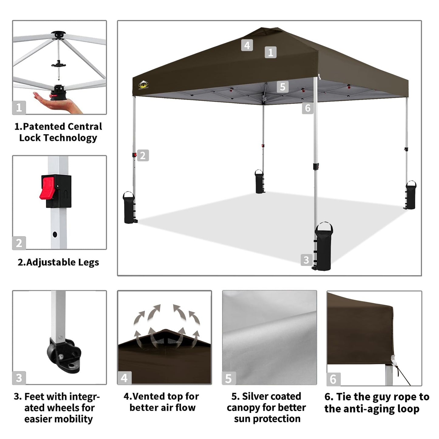 CROWN SHADES 10x10 Pop Up Canopy - Beach Tent with One Push Setup - Outdoor Sun Shade for Events, Parties, Camping - Gazebo with STO-N-Go Cover Bag, Silver Coated Top, 3 Height& 4 Sand Bags, Coffee