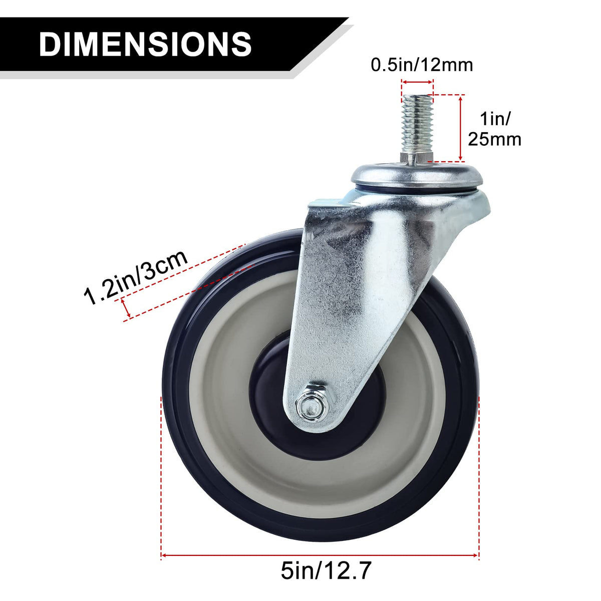 NORJIN 4 Pack 5 Inch Shopping Cart Replacement Wheels, Threaded Stem Casters 1/2"-13 x 1 (Screw Diameter 1/2", Length 1"), Heavy Duty Caster Wheels for Cart, Furniture NORJIN