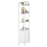 KLUVIS White Narrow Bookshelf with 3 Drawers - 4 Tier Thin Book Shelf for Small Spaces Skinny Shelves Slim Farmhouse Fabric Drawer 60 inch Tall (04W) KLUVIS