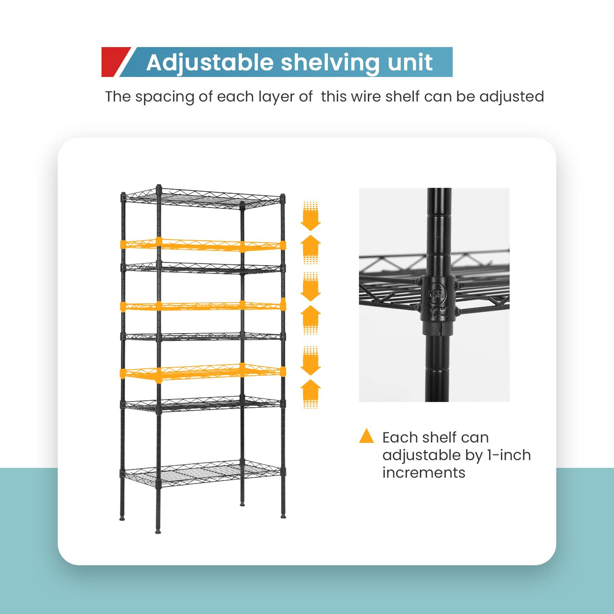 Adjustable NSF-Certified Metal Shelf Wire Shelving Unit Storage for Small Places Restaurant Garage Pantry Kitchen Garage Rack (Black, 21.5L x 11.6W x 47.6H) BestOffice