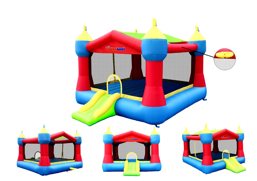 Bounceland Inflatable Party Castle Bounce House Bouncer, 16 ft L x 13 ft W x 10.3 ft H, Basketball Hoop, Removable Sun Roof, UL Strong Blower included, Fun Slide and Bounce Area, Castle Theme for Kids Bounceland