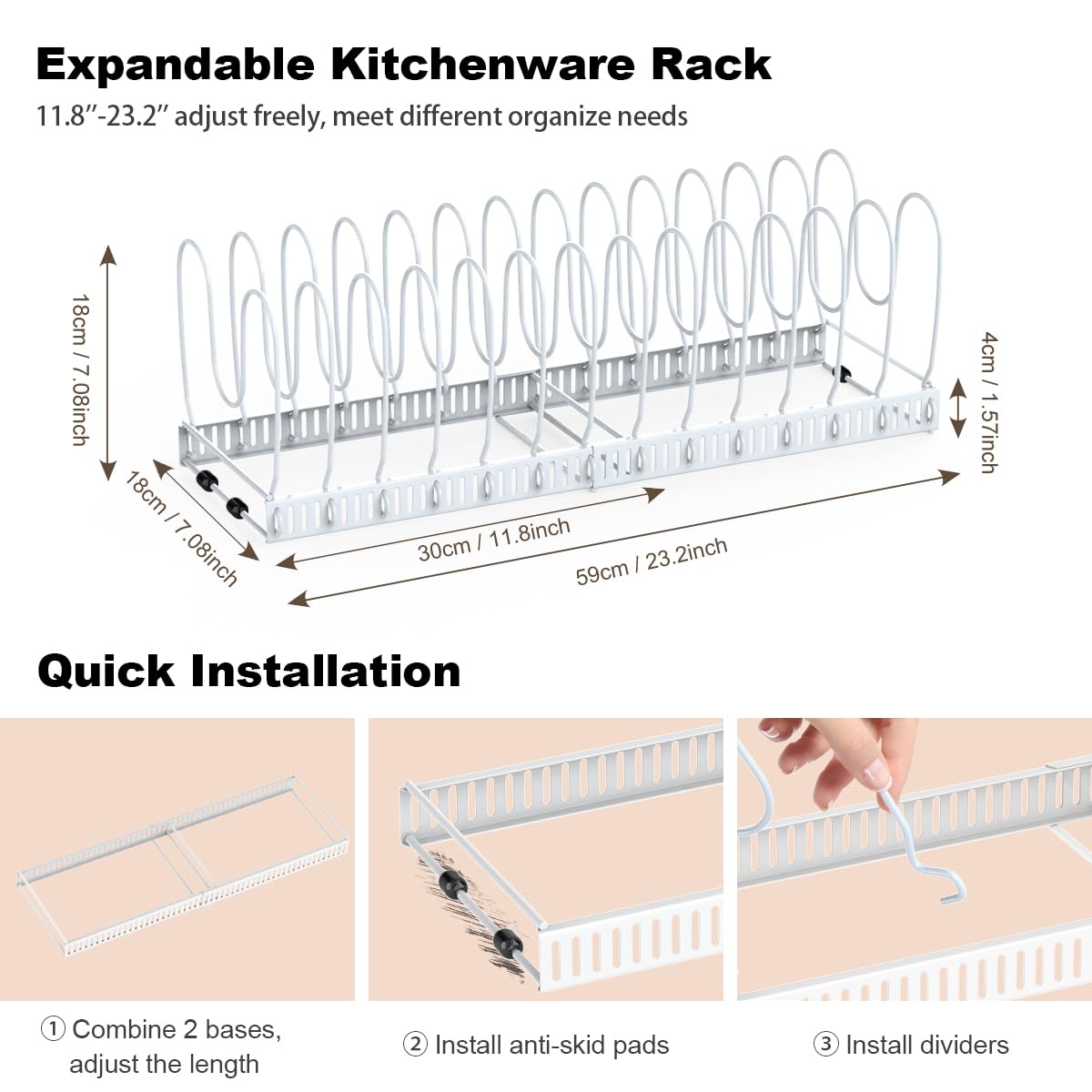 Housolution Pot and Pan Organizer Rack for Cabinet, Upgraded Expandable Pot Lid Organizer with 14 Adjustable Dividers, Pan Holder Storage Rack for Kitchen Cabinet, White Housolution