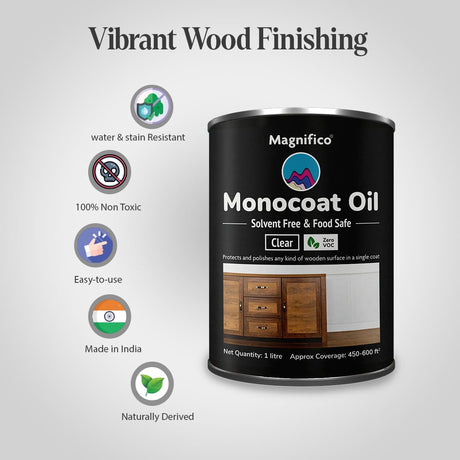 Magnifico® Wood Stain Monocoat Oil 1L (33.8 Oz) - Universal Oil, 100% Non Toxic, 0 VOC Finish for Wood, Leather, Plastics, Metals, Marbles | Interior & Exterior Use Magnifico