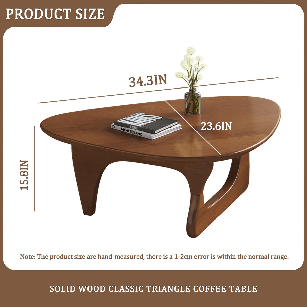 Wood Coffee Table, Mid Century Modern Triangle Coffee Table for Living Room, Rustic Solid Wood Legs and Tabletop, Farmhouse Walnut Accent Center Table for Small Spaces DESYIFO