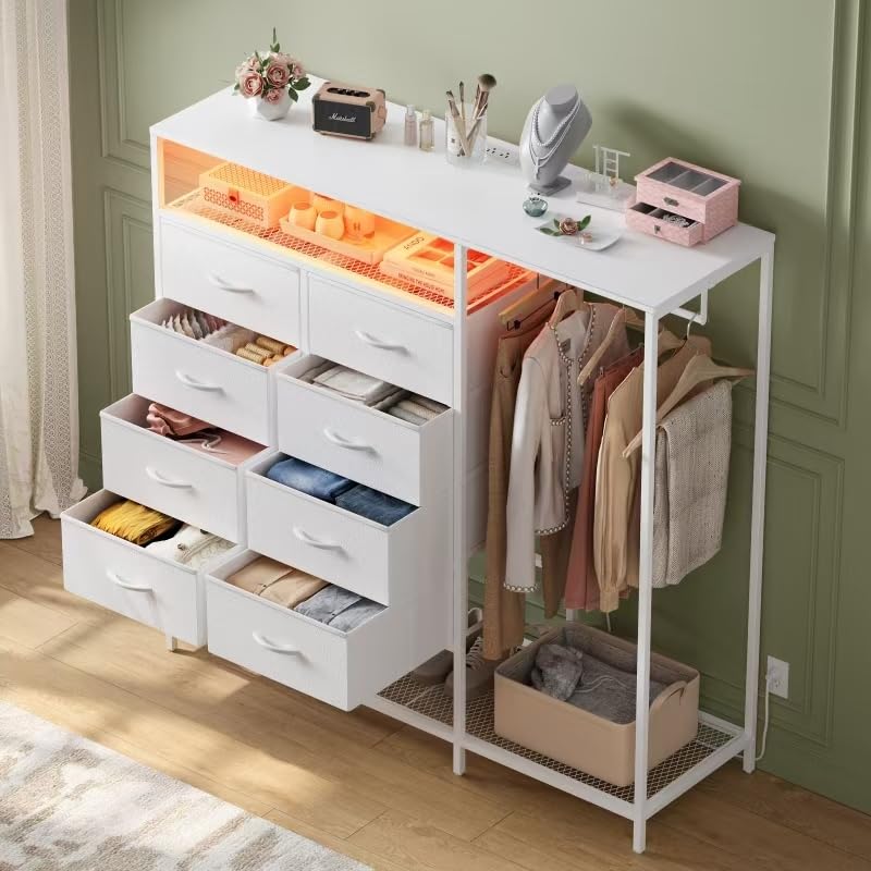 White Dresser for Bedroom with 8 Drawers, Bedroom Dresser with Hanging Rack, Clothes Dresser with Led Lights, Closet Dresser with Charging Station, 47 Inch Dresser with Shelves for Bedroom, Closet Harpaq