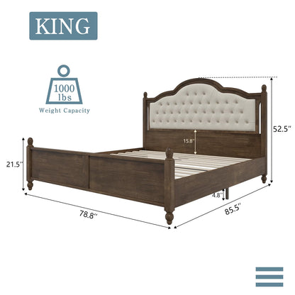 LUXOAK King Size Solid Wood Bed Frame with Upholstered Camelback Headboard, Easy Assembly in Walnut - WoodArtSupply