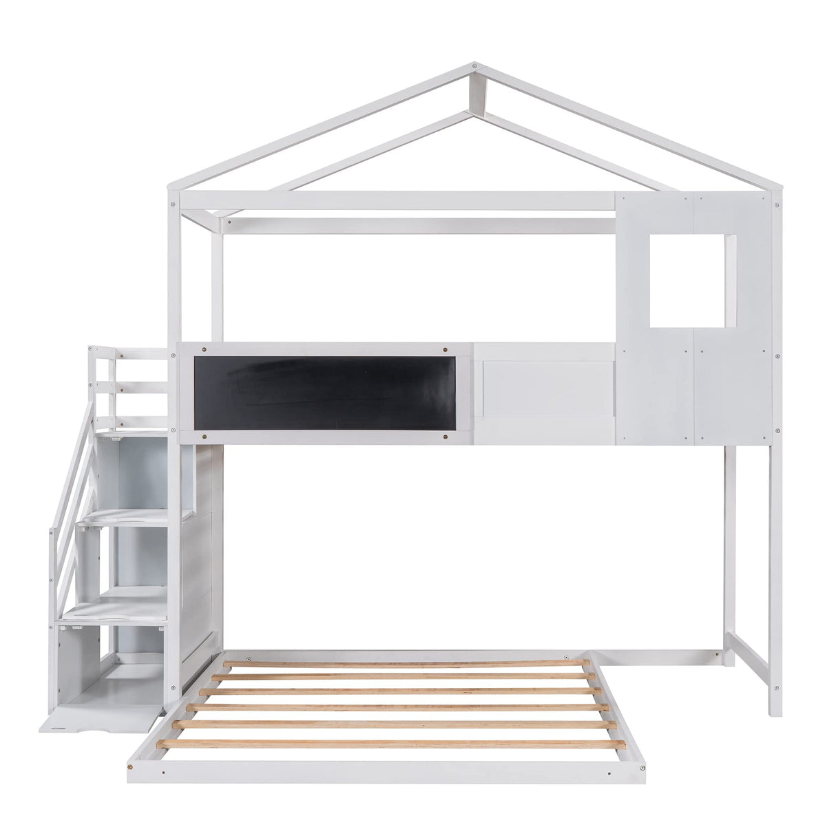 Twin Over Full House Bunk Bed with Storage Staircase & Blackboard, Wood Kids Bunk Bed with Roof and Guardrails, Playhouse Bunk Beds for Kids, Teens, Adults, No Box Spring Required (White) Bellemave