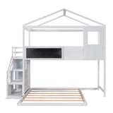 Twin Over Full House Bunk Bed with Storage Staircase & Blackboard, Wood Kids Bunk Bed with Roof and Guardrails, Playhouse Bunk Beds for Kids, Teens, Adults, No Box Spring Required (White) Bellemave