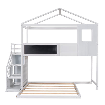 Twin Over Full House Bunk Bed with Storage Staircase & Blackboard, Wood Kids Bunk Bed with Roof and Guardrails, Playhouse Bunk Beds for Kids, Teens, Adults, No Box Spring Required (White)