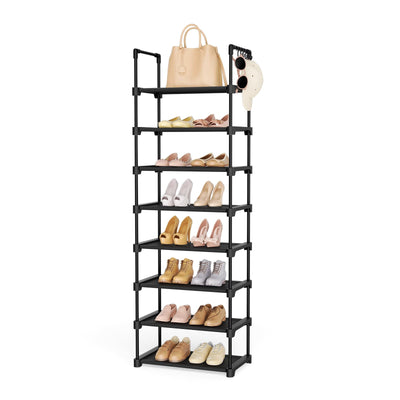 LANTEFUL Tall Shoe Rack 8 Tiers, 16-20 Pairs Shoe and Boots Organizer Storage Sturdy Shoe Shelf, Narrow Vertical Shoe Rack for Entryway, Closet, Metal Shoe Organizer with 5 Hooks