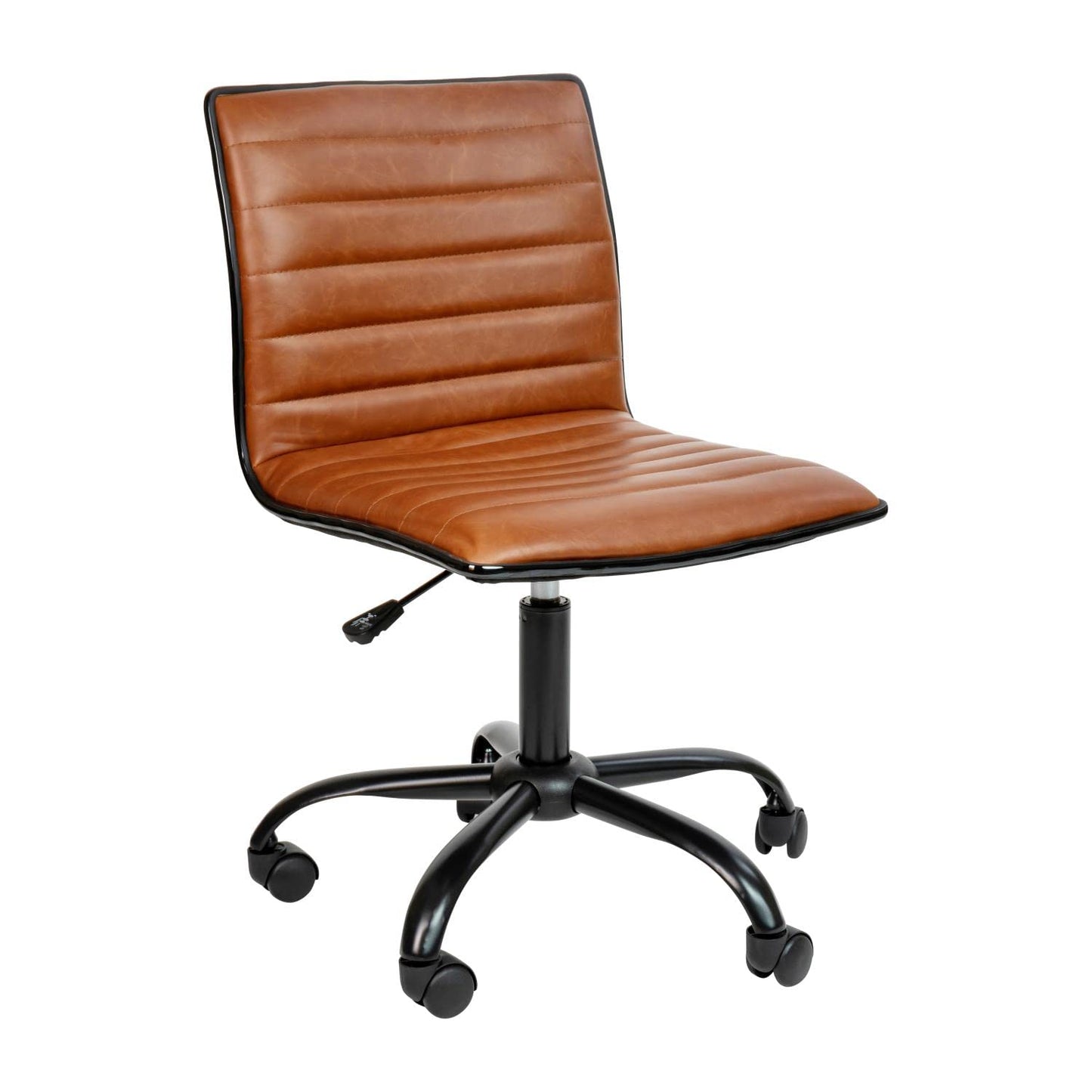 Flash Furniture Alan Low-Back Ribbed Upholstered Vinyl Swivel Desk Chair with Padded Seat, Modern Adjustable Height Padded Office Chair, Brown