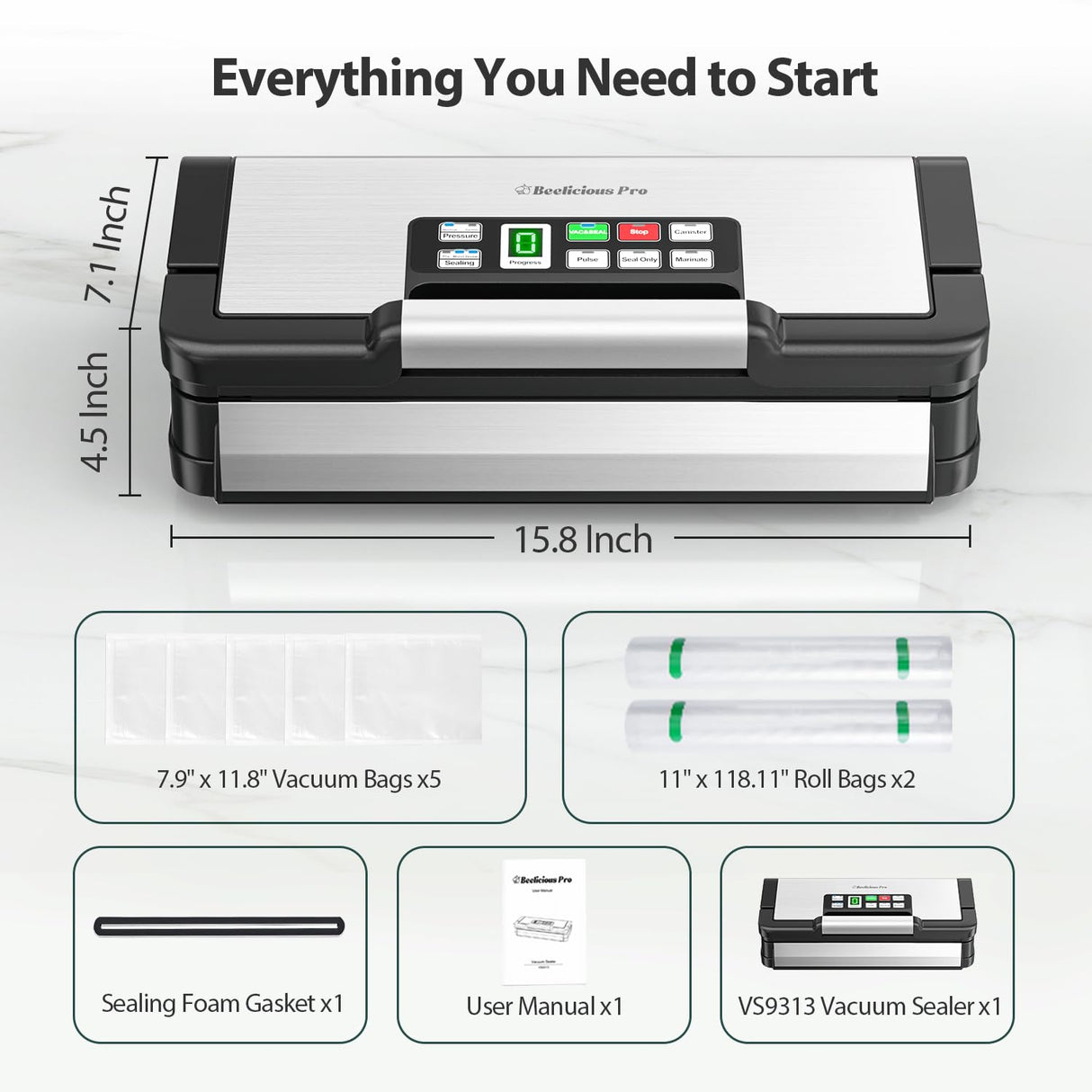 Precision Vacuum Sealer Machine Pro, 2X Seal & 130W Pump Powerful Vacuum Sealer for Food,10-in-1 Functions with Handle Design, Built-in Cutter&Bags Storage&Hose, 2 Bags Rolls, Stainless Steel Beelicious Pro