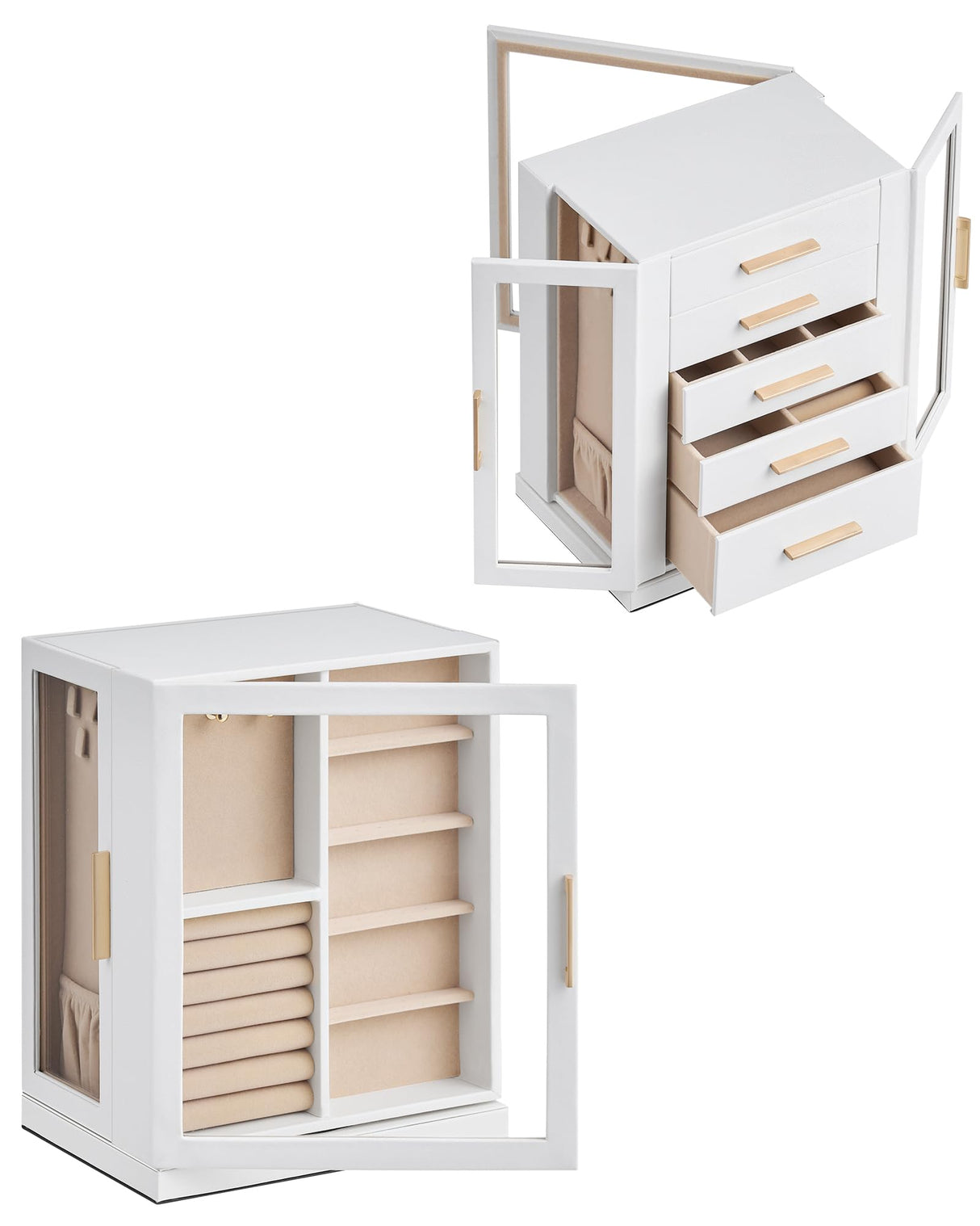 Glimmloop 360° Rotating Jewelry Box with 5 Drawers, Spacious Vertical Jewelry Organizer with Glass Window, Jewelry Storage Case, Dustproof & Moisture-resistant Design, White Glimmloop