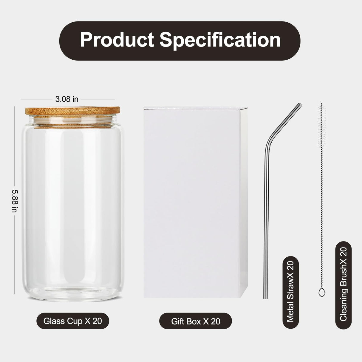 ASKIZ [20Pcs Set] Glass Cups With Bamboo Lids And Straws,16Oz Glass Water Bottles Glass Jars Cups Drinking Glasses, Beer Glasses Ice Coffee Glasses For Juicing Coffee Soda Tea ASKIZ