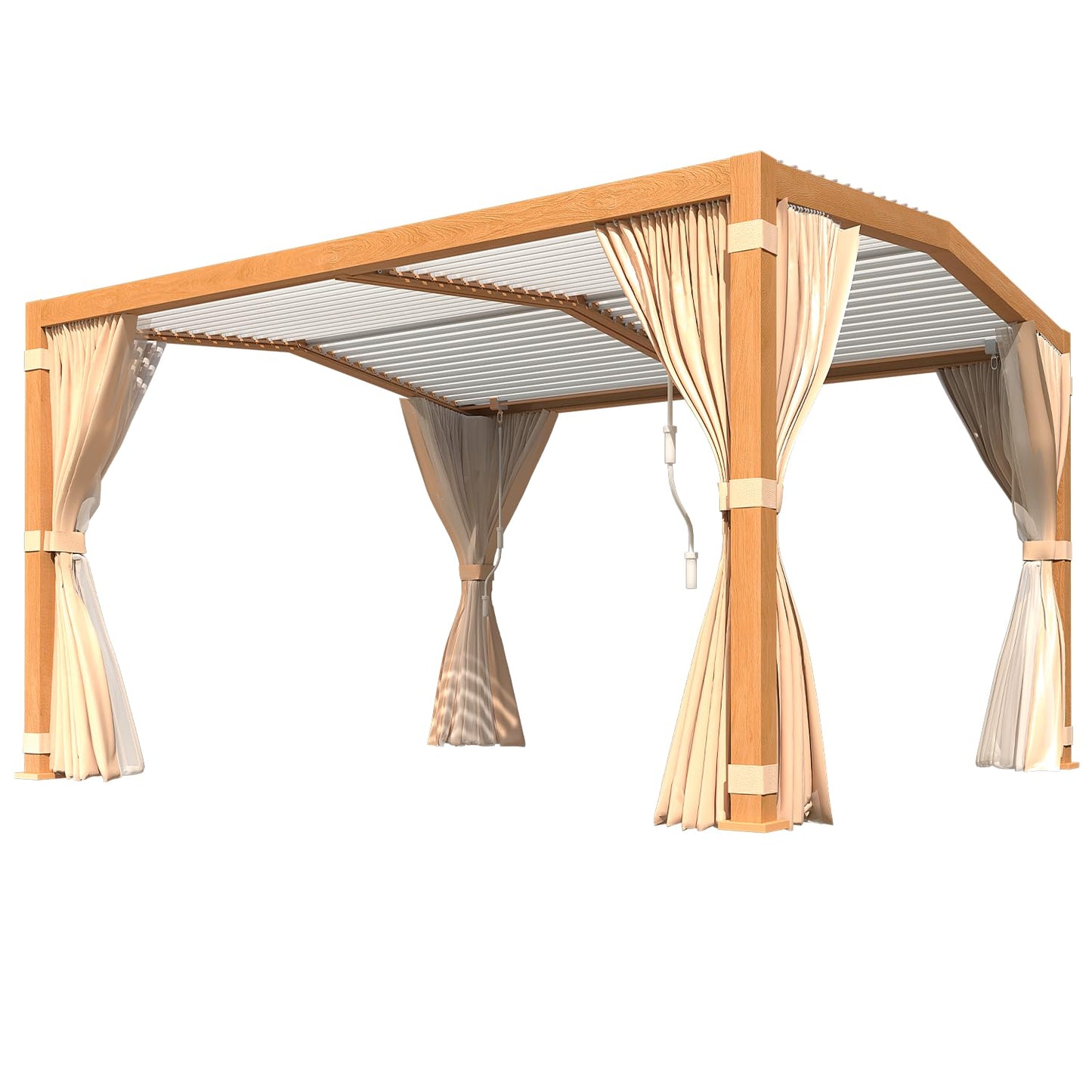 YOLENY Louvered Pergola 11x13, All Aluminum Pergola with Adjustable Rainproof Pitched Roof, Outdoor Pergola with Waterproof Curtains and Nets, Woodgrain