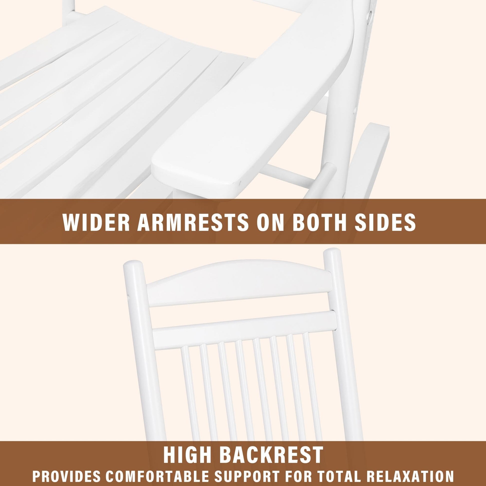 MUPATER Outdoor Rocking Chair Set 3-Piece Patio Wooden Rocker Bistro Set with Foldable Table and Curved Seat, White - WoodArtSupply