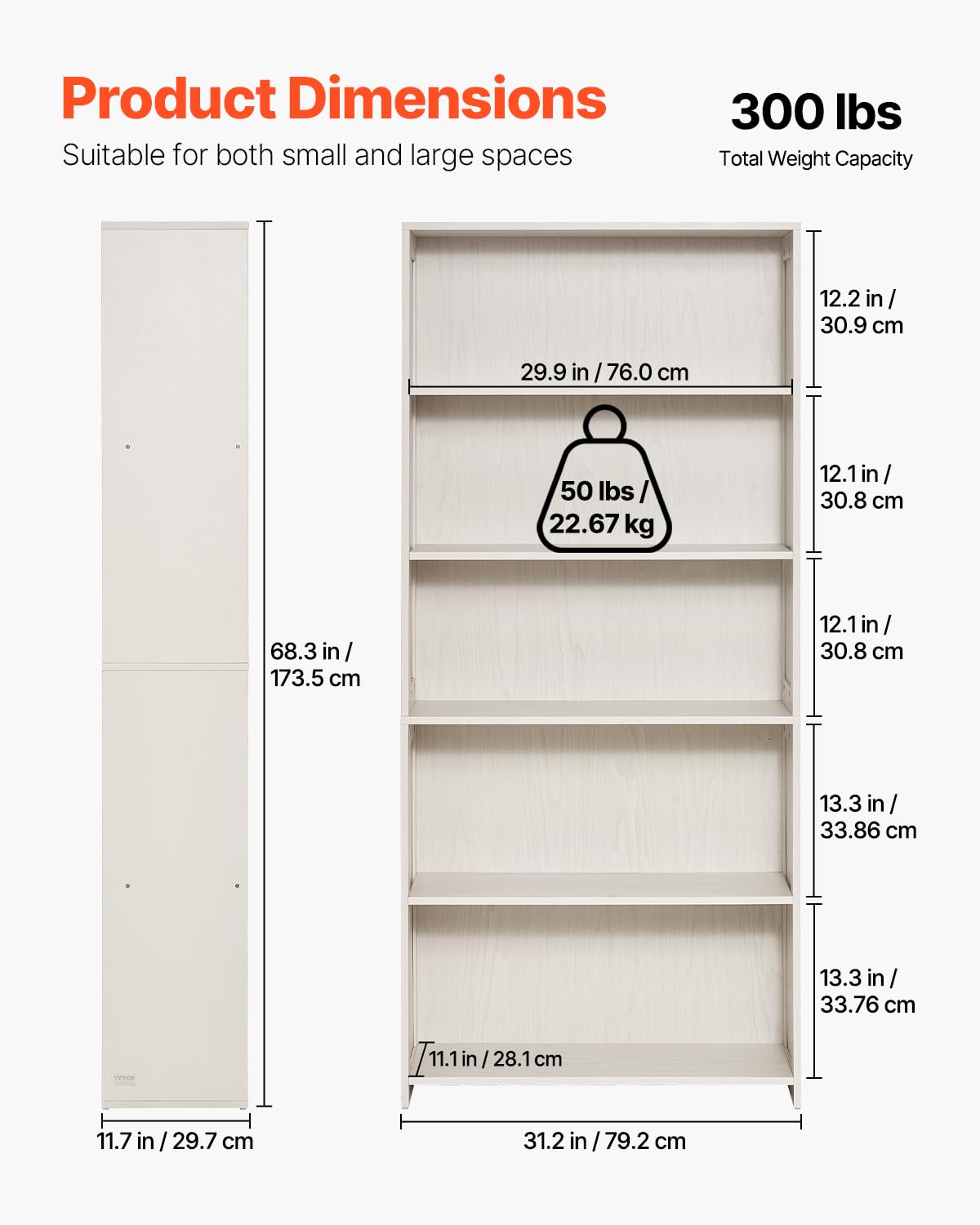 VEVOR 5 Tiers Wide Bookshelf, 68 in Wooden Open Bookcase with Display Storage Organizer Shelf, Freestanding Tall Display Floor Bookcase Bookshelf for Library, Bedroom, Living Room, Office, White VEVOR