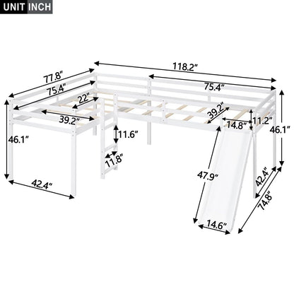 Merax Wooden Twin Size Double Loft Bed with Slide and Ladder, L-Shaped Bed Frame with Full-Length Guardrail, Wood Bedframe for Kids Teens Adults Bedroom, 2 Twin Beds,White