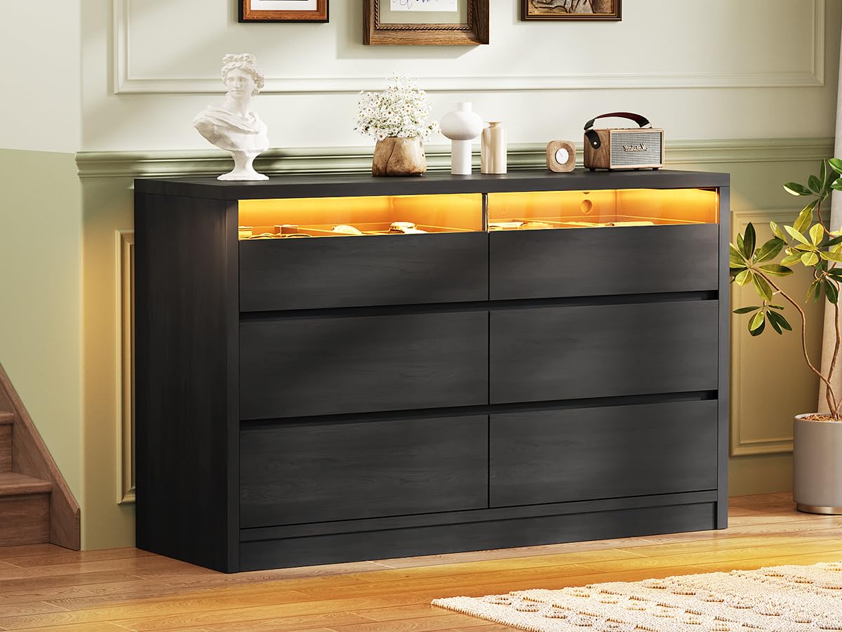 Jocoevol Modern Black 6 Drawer Dresser for Bedroom with LED Light, Large Chest of Drawers with Hidden Handles, Double Wooden Dresser Closet for Living Room, Entryway, Hallway - Black Jocoevol