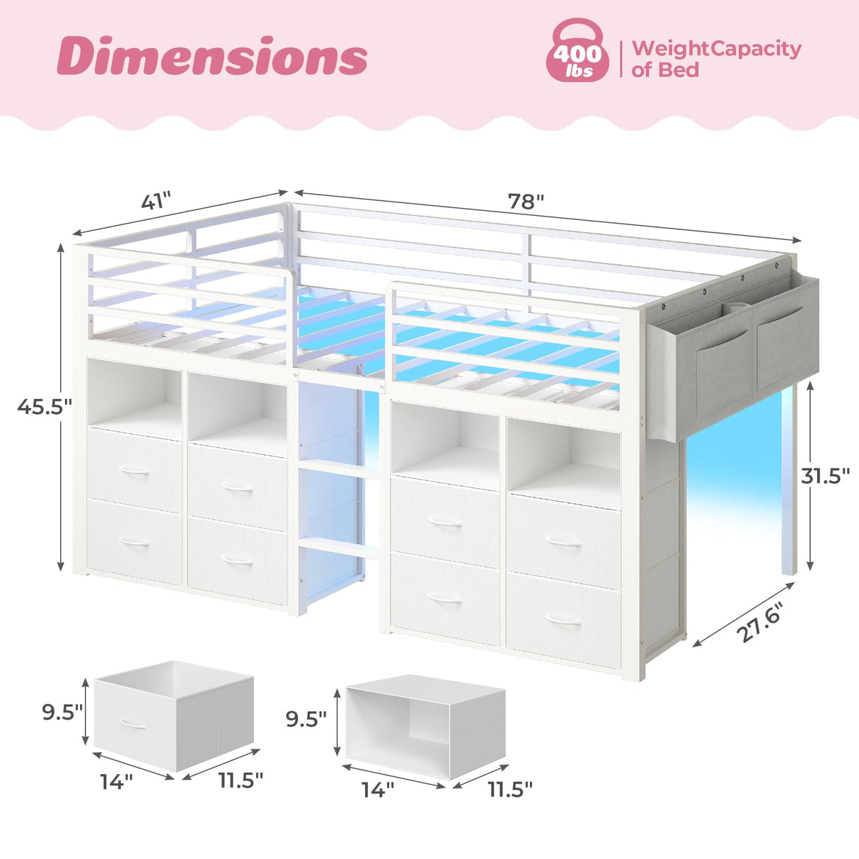 ADORNEVE Low Loft Bed Twin Size with 8 Storage Drawers, Twin Loft Bed with Bookcase and LED Lights, Metal Kids Loft Bed with 14" H Safety Guardrail, Under-Bed Play Space, No Box Spring Needed, White ADORNEVE
