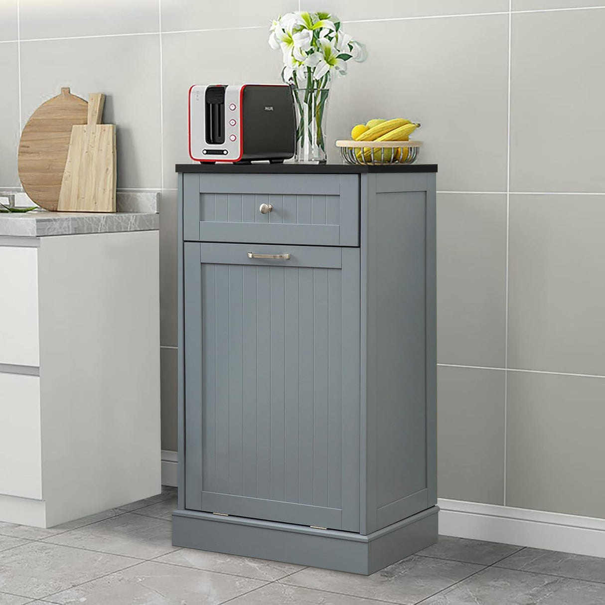 GAZHOME Tilt Out Trash Cabinet, Upgrade Wooden Free Standing Trash Cabinet,Recycling Cabinet with Hideaway Drawer,10 Gallon Tilt Out Trash Cabinet Kitchen(Grey) GAZHOME