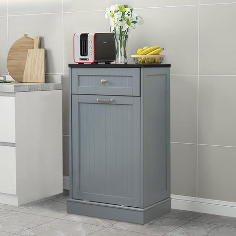 GAZHOME Tilt Out Trash Cabinet, Upgrade Wooden Free Standing Trash Cabinet,Recycling Cabinet with Hideaway Drawer,10 Gallon Tilt Out Trash Cabinet Kitchen(Grey) GAZHOME