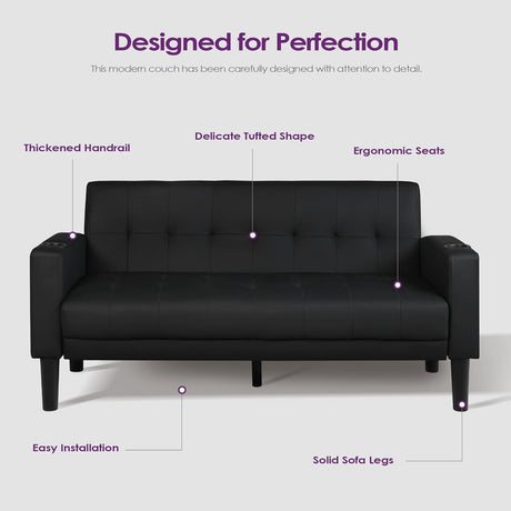 TYBOATLE Sofa Couch 62" W Loveseat w/ 2 USB Charger Ports & 2 Cupholders, Mid-Century Modern Black Faux Leather Tufted Small Love Seat Couches for Office,Compact Living Room,Bedroom,Apartment,Dorm TYBOATLE