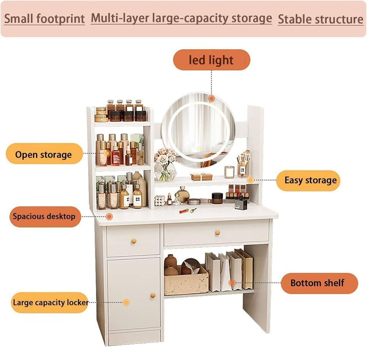 MONGMON Dressing Table,Makeup Table with Drawers, Vanity Desk with Mirror and led Lights,3 Lighting Mode,Makeup Vanity Desk,Multifunctional Makeup Writing Desk for Bedroom (White) MONGMON