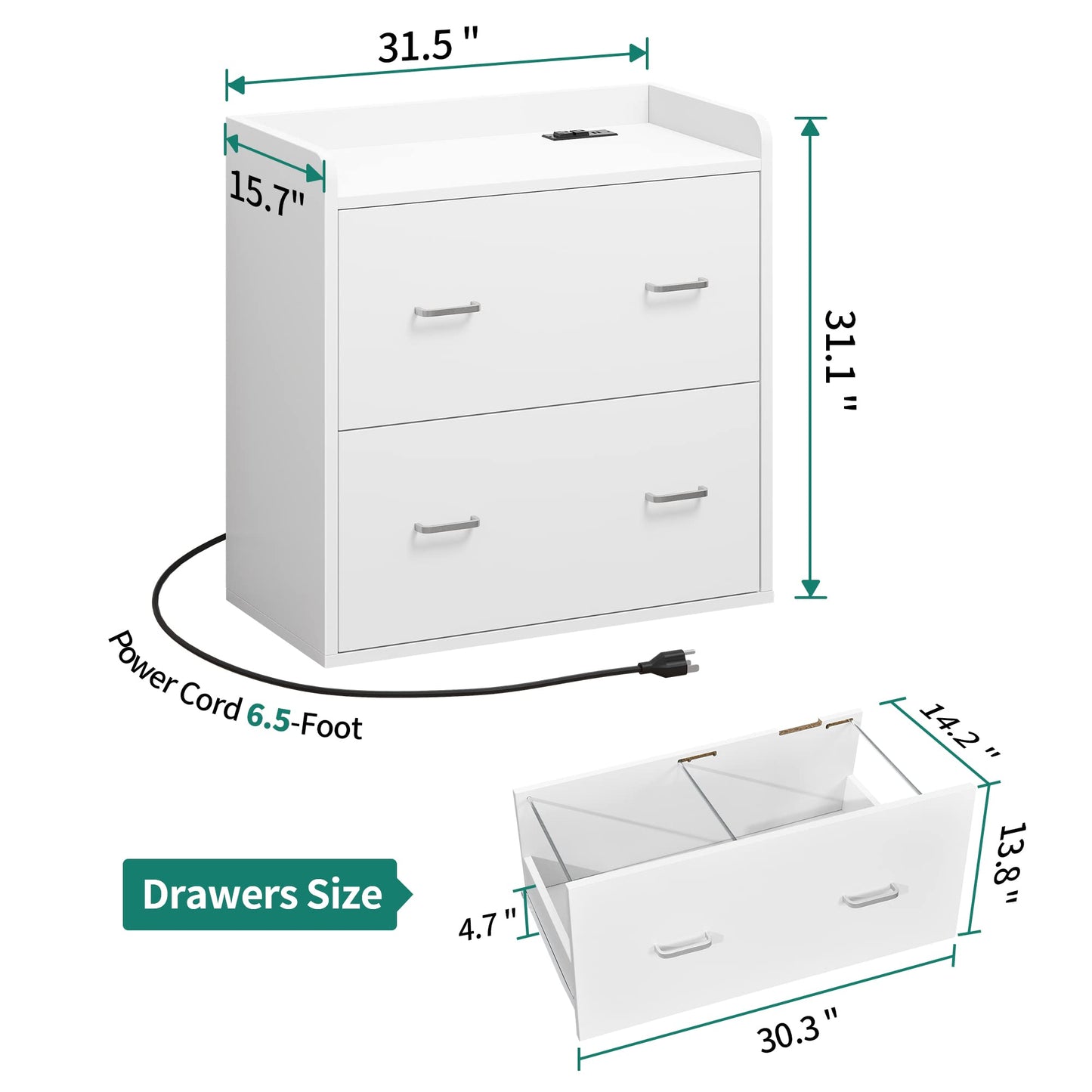 YITAHOME File Cabinet with Charging Station, Large Lateral Filing Cabinet for Home Office, White - WoodArtSupply