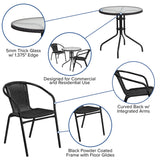 Flash Furniture Lila 28'' Round Glass Metal Table with Black Rattan Edging and 2 Black Rattan Stack Chairs Flash Furniture