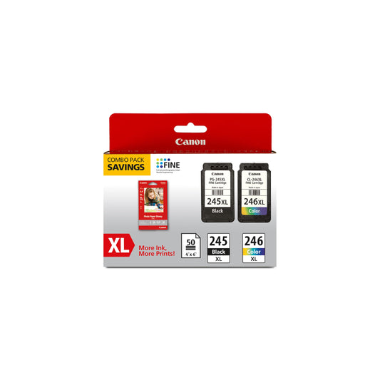 Canon PG-245 XL / CL-246 XL Genuine Ink Value Pack (2 Cartridges) with 50-Sheet Photo Paper, Compatible with iP2820, MG2420/2924/2920/3020/2522/2525, MX492, TS3120/302/302a/202/202a/4520/3320