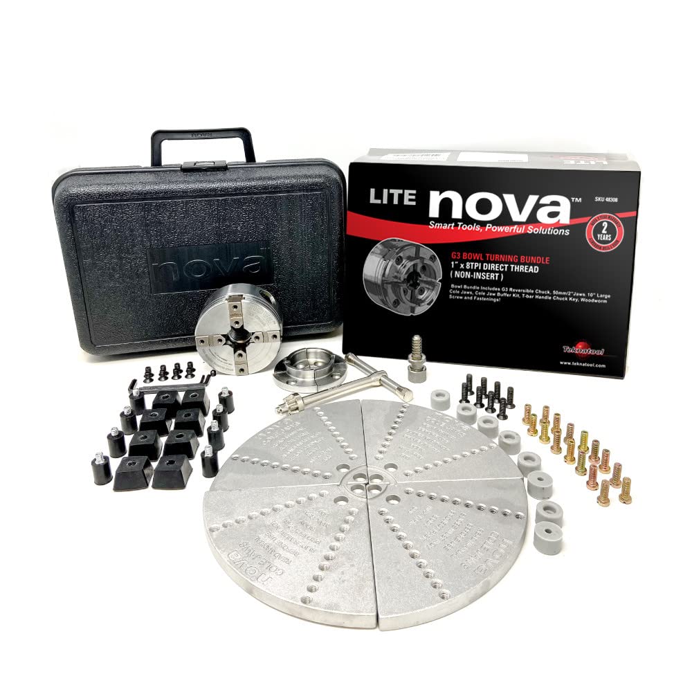 Nova 48308 G3 Lite Wood Lathe Bowl Turning Chuck Bundle Direct Thread 1” x 8TPI (Includes chuck, 2" jaw set, plus 10" Cole Jaw set w HD bumper kit) Nova