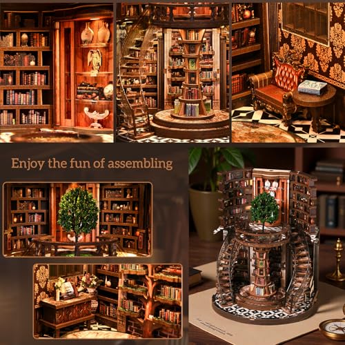 Book Nook Kit for Adults - DIY Miniature Wisdom Library Dollhouse, Book Nook Tiny House Bookshelf Decor Creative 3D Wooden Puzzle, Wooden Adult Craft Kits Gift