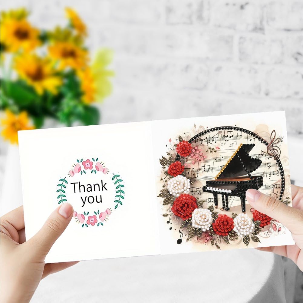 pigpigboss 6 Packs Music Diamond Painting Greeting Card Kit, Special Shaped Flower Piano Violin Guitar Diamond Art Birthday Cards with Envelope for Music Lover Holiday Blessing pigpigboss
