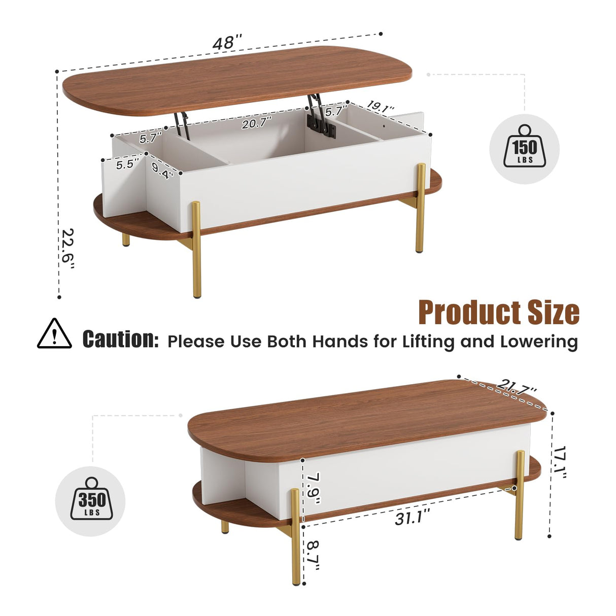 ALLSTAND 48" Oval Lift Top Coffee Table with Storage Metal Legs & Large Hidden Compartment, Coffee Table with Lifting Top with Open Shelf, Lift Coffee Table with Wooden Lift Tabletop for Living Room ALLSTAND