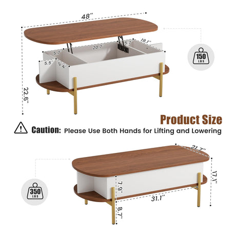 ALLSTAND 48" Oval Lift Top Coffee Table with Storage Metal Legs & Large Hidden Compartment, Coffee Table with Lifting Top with Open Shelf, Lift Coffee Table with Wooden Lift Tabletop for Living Room ALLSTAND