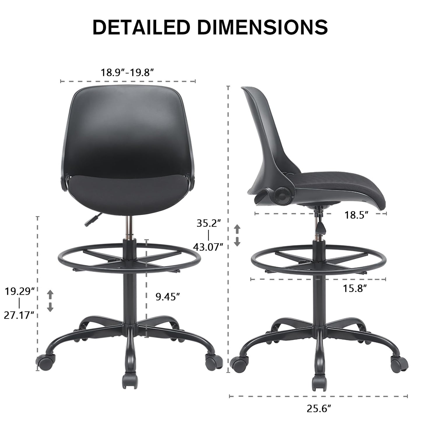 Folding Drafting Office Chair with Foot Rest,Armless Stool Chairs with Height Adjustable Footrest Ring,Tall Ergonomic Desk Chair for Height Desk with Rolling(Black)