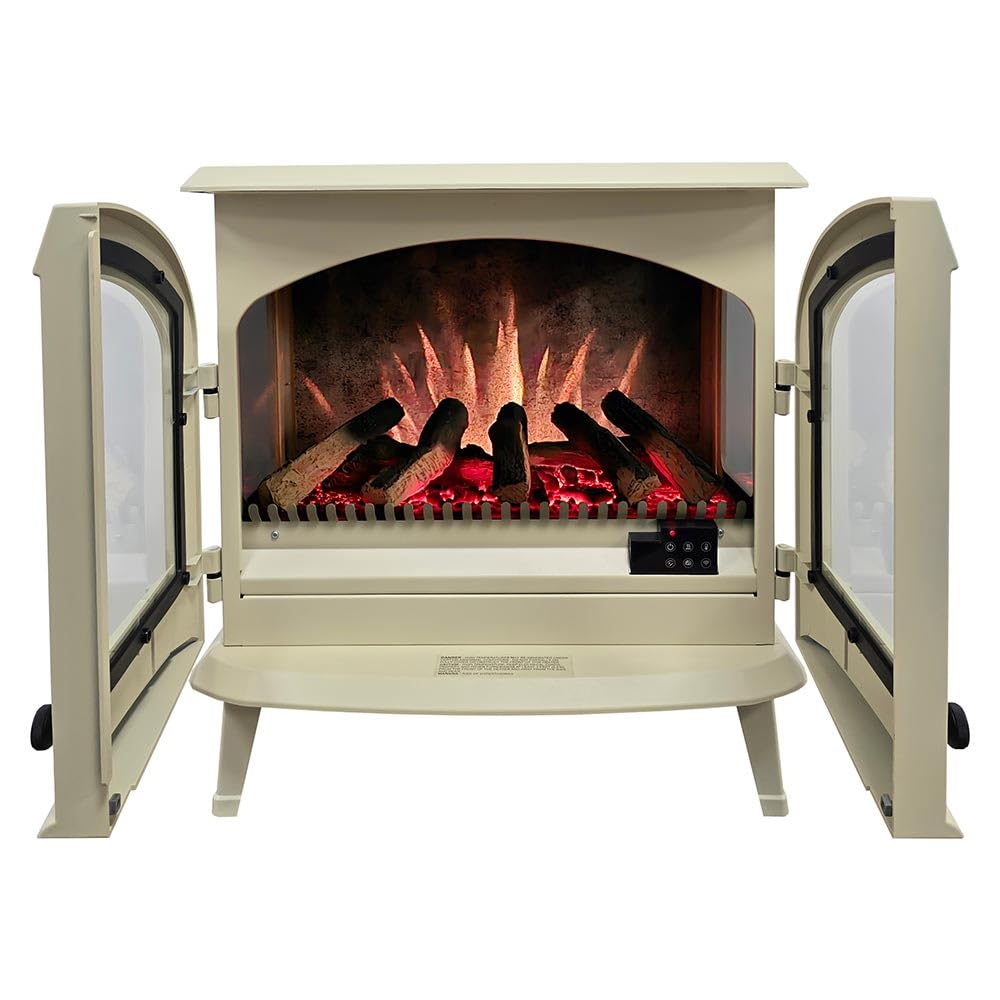 Modern Ember Harlowe Freestanding Electric Fireplace Stove Heater in Cream with Multi-Color Ember Bed | Smart Technology | Alexa/WiFi Enabled | 1500W | Indoor Portable Heater | Safety Shutoff Modern Ember
